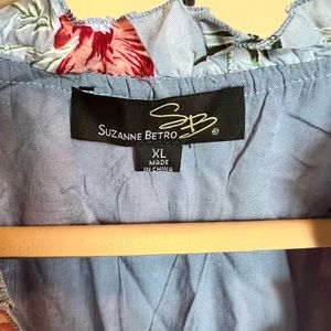 Blue Floral Ruffle Neck Surplice Dress by Suzanne Betro; size XL